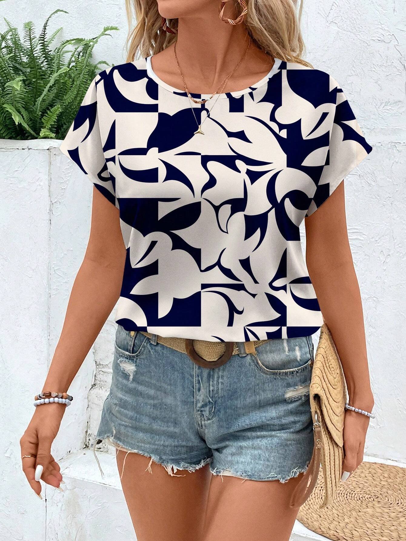 Damen Geometrisch Kurzarm T-Shirts T-Shirt Rundhals Print Lässig Sommer T-Shirt mit Grafik Oberteile