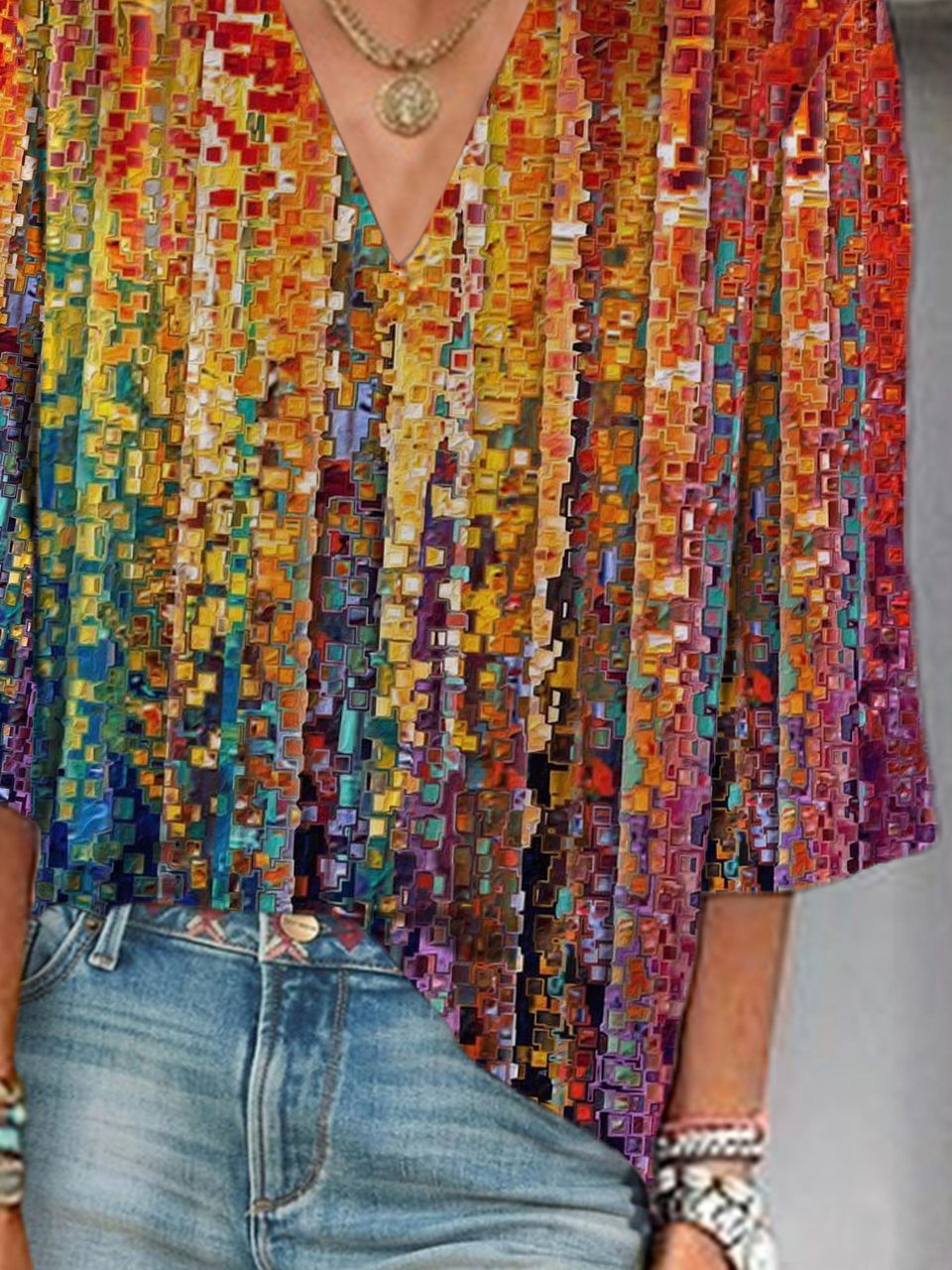 Damen Abstrakt Dreiviertelärmel Bluse Frühling/Herbst Print V-Ausschnitt Täglich Lässig Oberteile