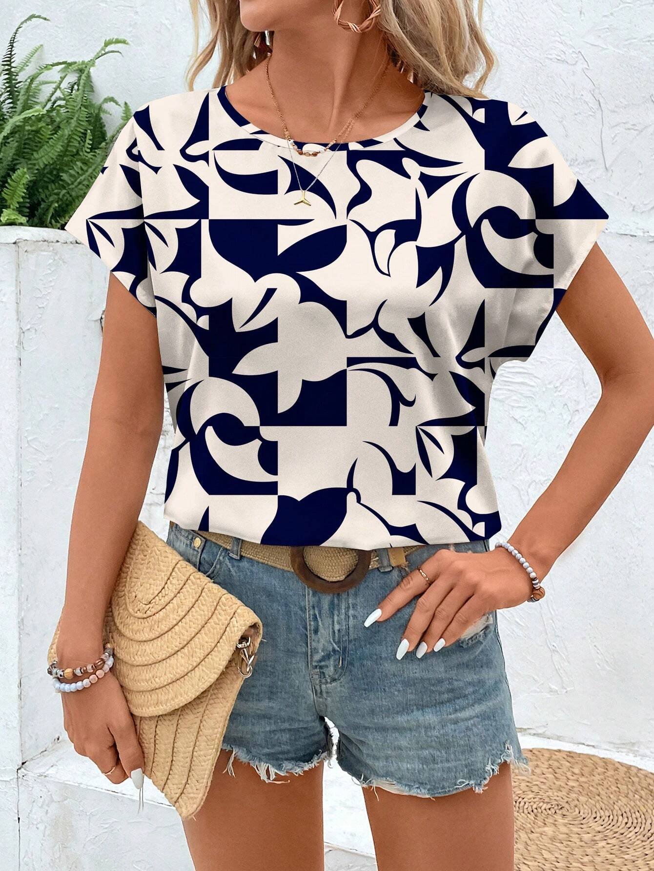 Damen Geometrisch Kurzarm T-Shirts T-Shirt Rundhals Print Lässig Sommer T-Shirt mit Grafik Oberteile