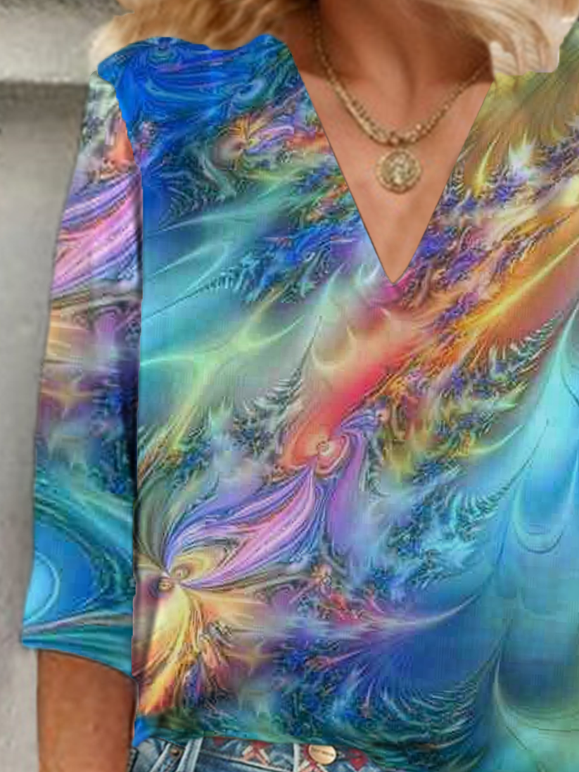 Damen Abstrakt Dreiviertelärmel Bluse Frühling/Herbst Print V-Ausschnitt Täglich Lässig Oberteile