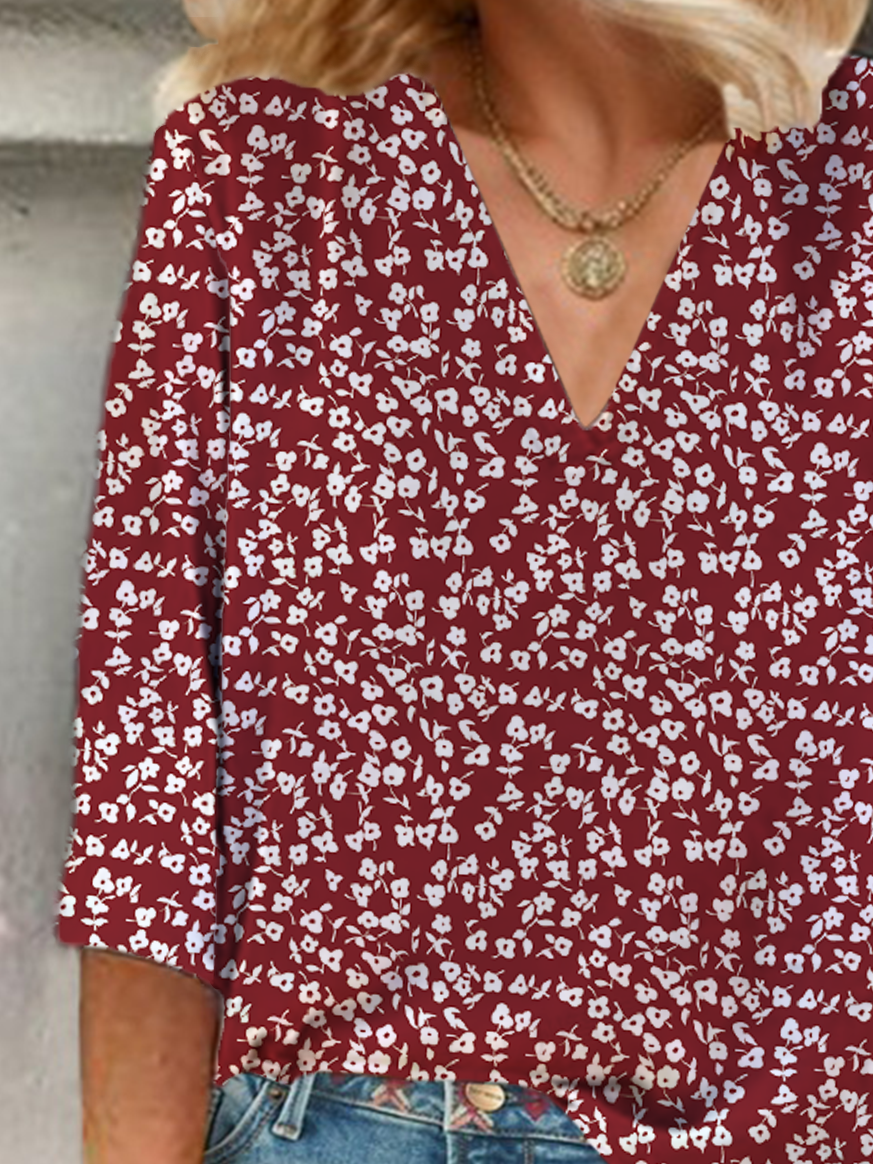 Damen Geblümt Dreiviertelärmel Bluse Frühling/Herbst Print V-Ausschnitt Täglich Lässig Oberteile