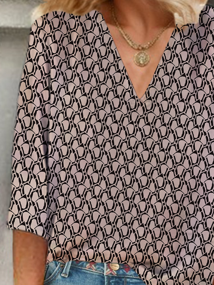 Damen Geometrisch Dreiviertelärmel Bluse Frühling/Herbst Print V-Ausschnitt Täglich Lässig Oberteile