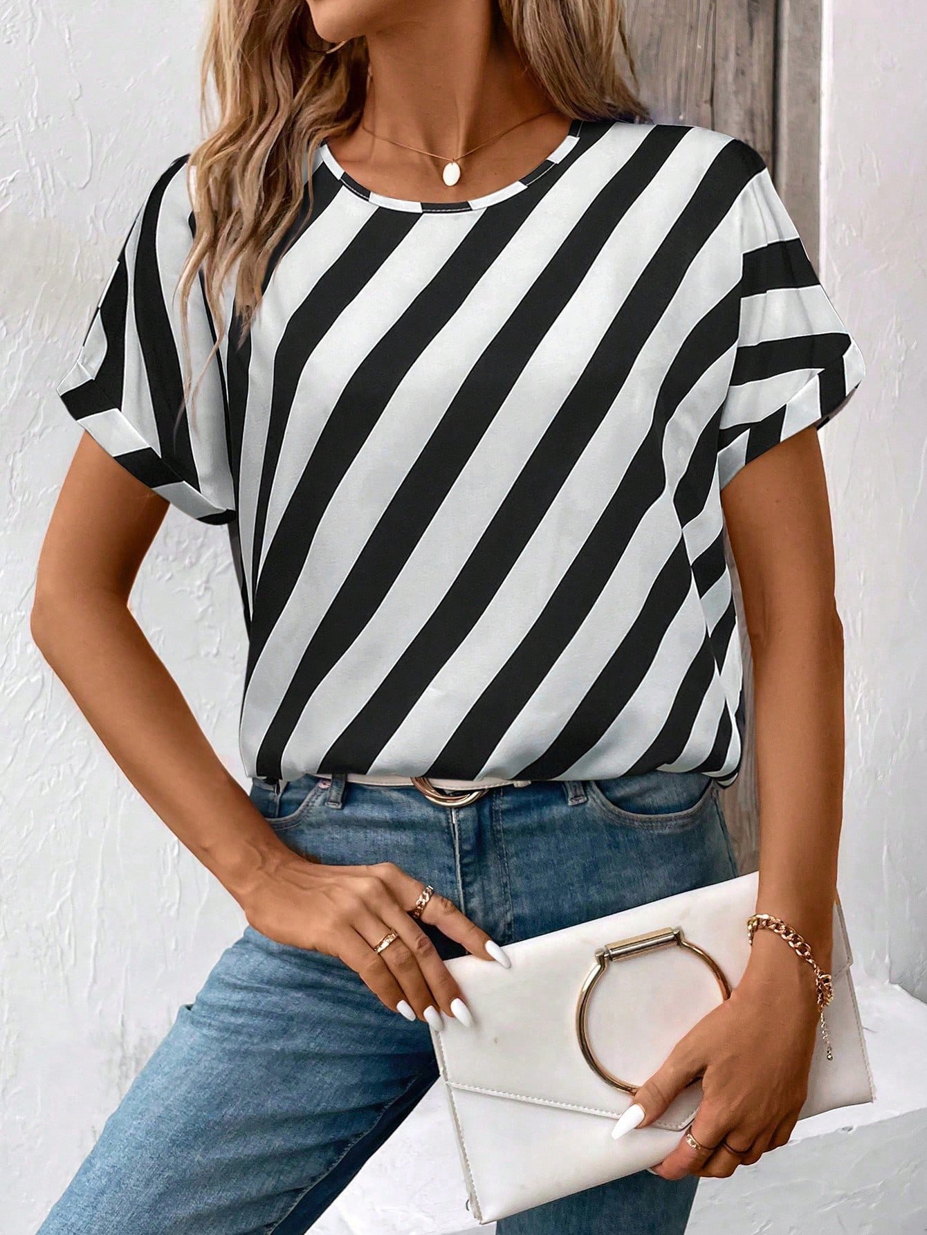 Damen Gestreift Kurzarm T-Shirts T-Shirt Rundhals Print Lässig Sommer T-Shirt mit Grafik Oberteile