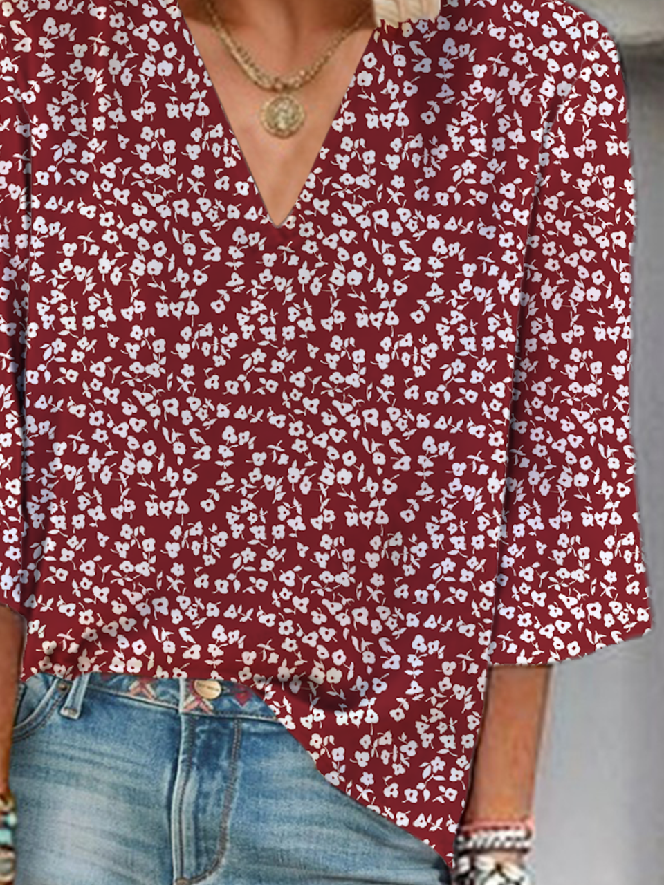 Damen Geblümt Dreiviertelärmel Bluse Frühling/Herbst Print V-Ausschnitt Täglich Lässig Oberteile