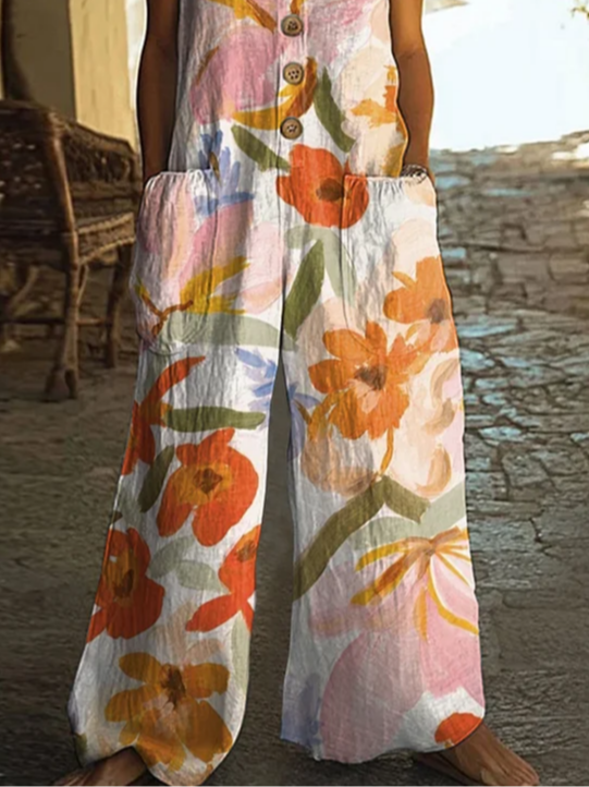 Damen Geblümt Rundhals Ärmellos Lässig Sommer Jumpsuit