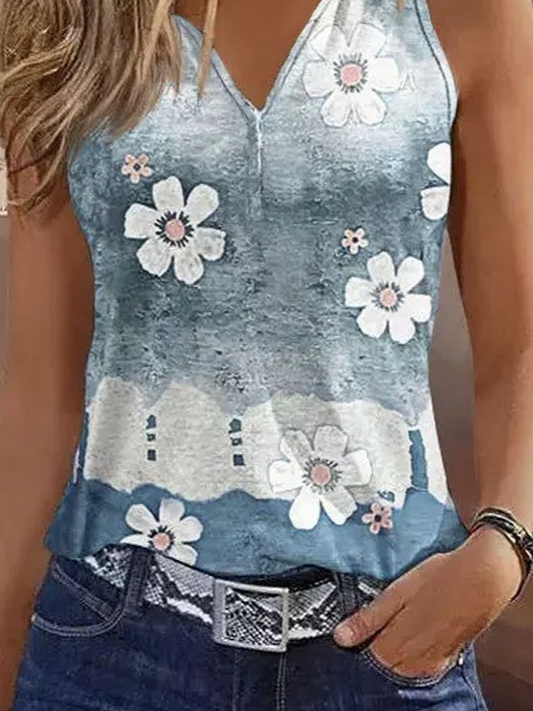 Damen Ärmellos Tanktop Oberteile Leibchen Sommer Geblümt Print V-Ausschnitt Täglich Lässig Oberteile