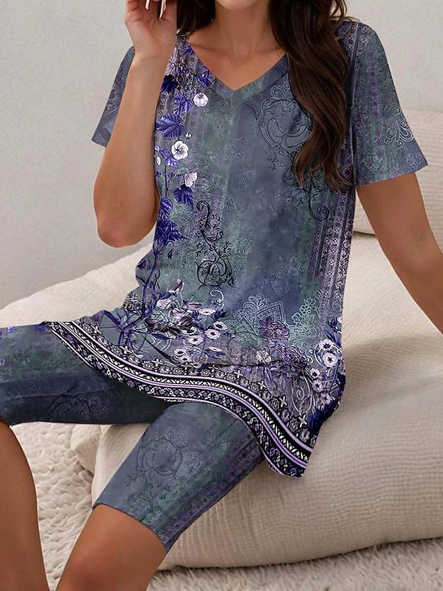Damen Geblümt Zweiteiliges Set Täglich Kurzarm Lässig Sommer Bluse mit Hose Matching Set