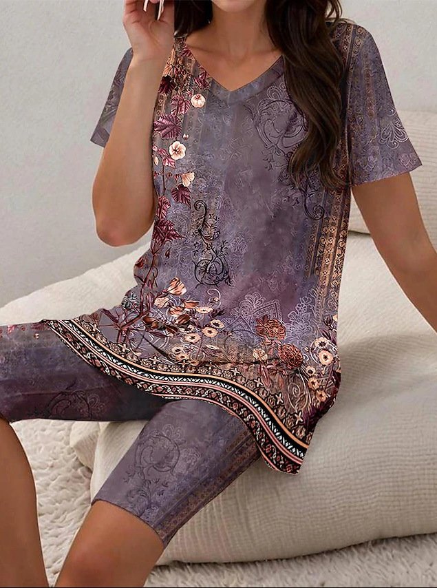 Damen Geblümt Zweiteiliges Set Täglich Kurzarm Lässig Sommer Bluse mit Hose Matching Set