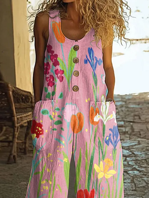 Damen Geblümt Rundhals Ärmellos Lässig Sommer Jumpsuit