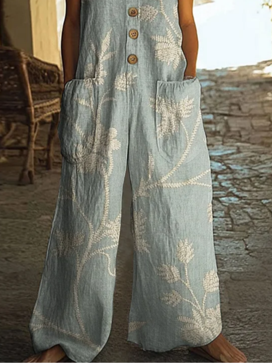 Damen Geblümt Rundhals Ärmellos Lässig Sommer Jumpsuit