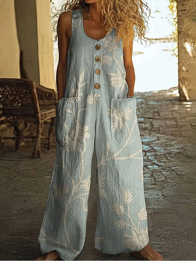 Damen Geblümt Rundhals Ärmellos Lässig Sommer Jumpsuit