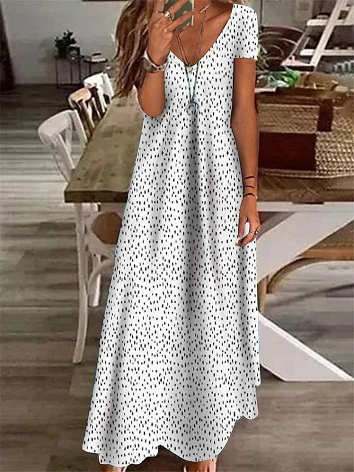Damen Polka Dots Kurzarm Sommer Print Kleid V-Ausschnitt Täglich Lässig Maxikleid X-Linie Kleid