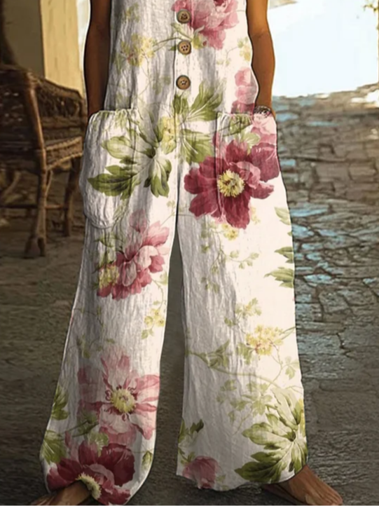 Damen Geblümt Rundhals Ärmellos Lässig Sommer Jumpsuit