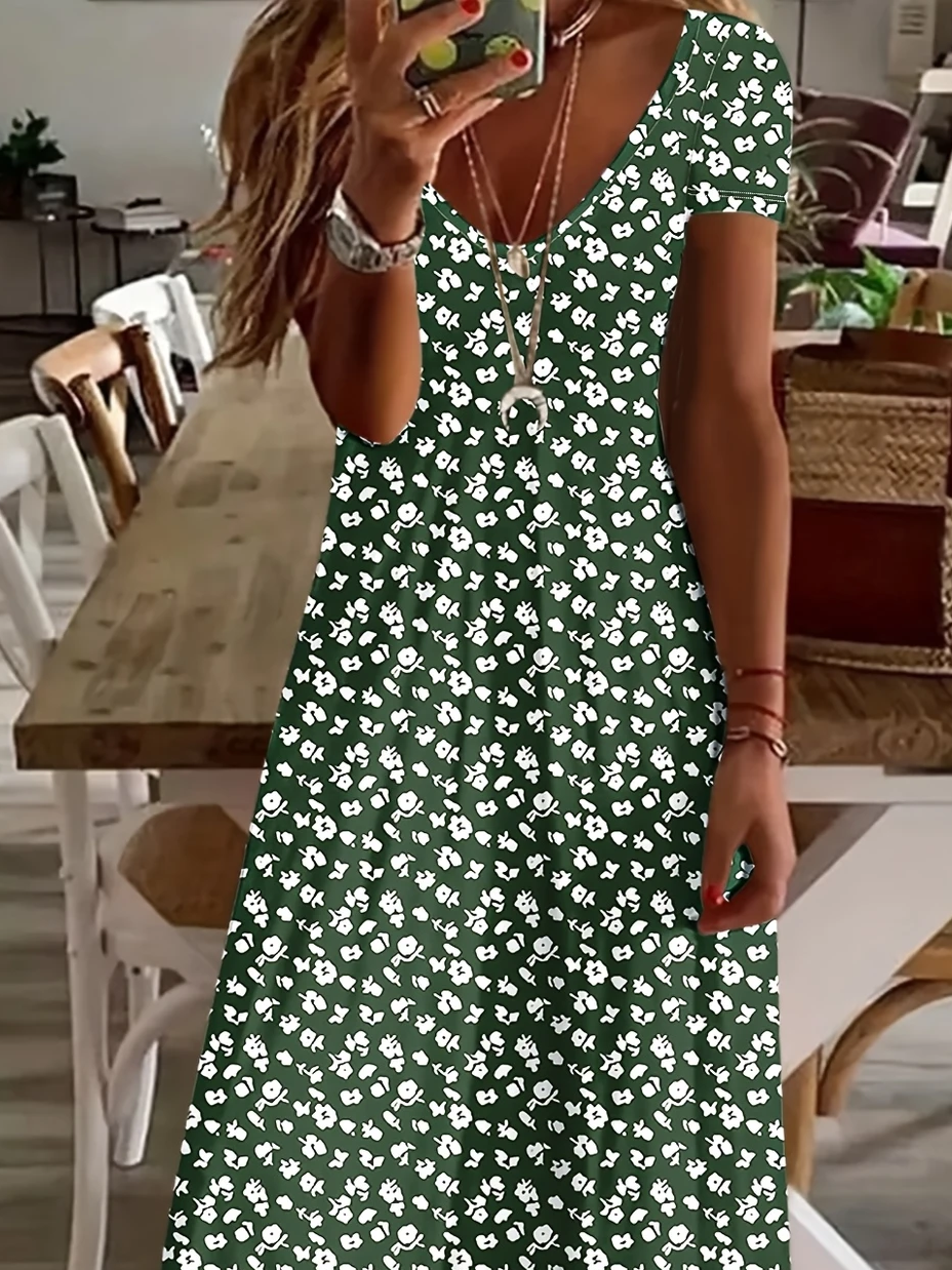 Damen Geblümt Kurzarm Sommer Print Kleid V-Ausschnitt Täglich Lässig Maxikleid X-Linie Kleid