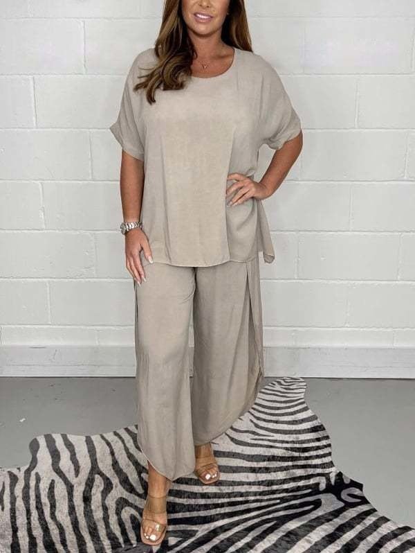Damen Unifarben Zweiteiliges Set Täglich Halbarm Retro Sommer Bluse mit Hose Matching Set