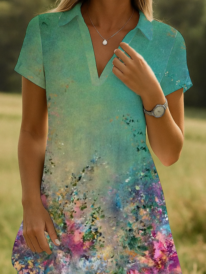 Damen Geblümt Kurzarm Sommer Print Kleid Schalkragen Täglich Lässig Knielänge A-Linien-Kleid