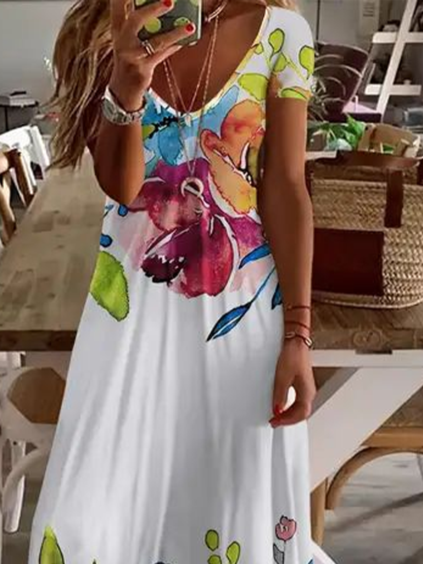 Damen Geblümt Kurzarm Sommer Print Kleid V-Ausschnitt Täglich Lässig Maxikleid X-Linie Kleid