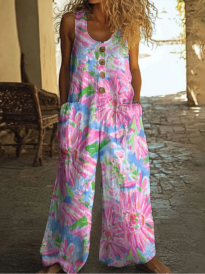 Damen Geblümt Rundhals Ärmellos Lässig Sommer Jumpsuit