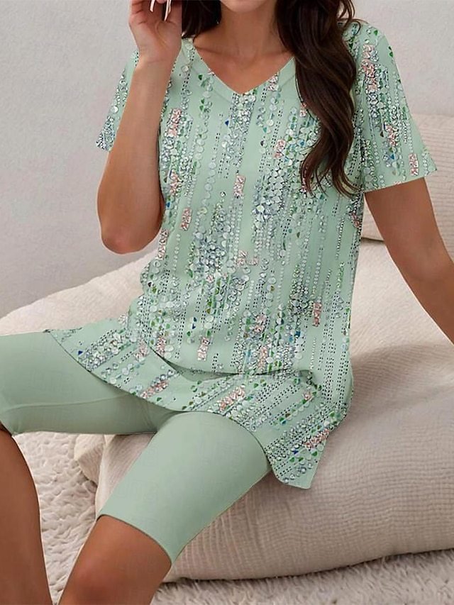 Damen Geblümt Zweiteiliges Set Täglich Kurzarm Lässig Sommer Bluse mit Hose Matching Set