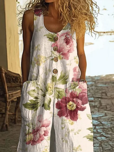 Damen Geblümt Rundhals Ärmellos Lässig Sommer Jumpsuit