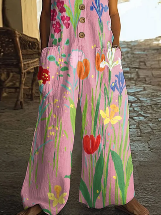Damen Geblümt Rundhals Ärmellos Lässig Sommer Jumpsuit