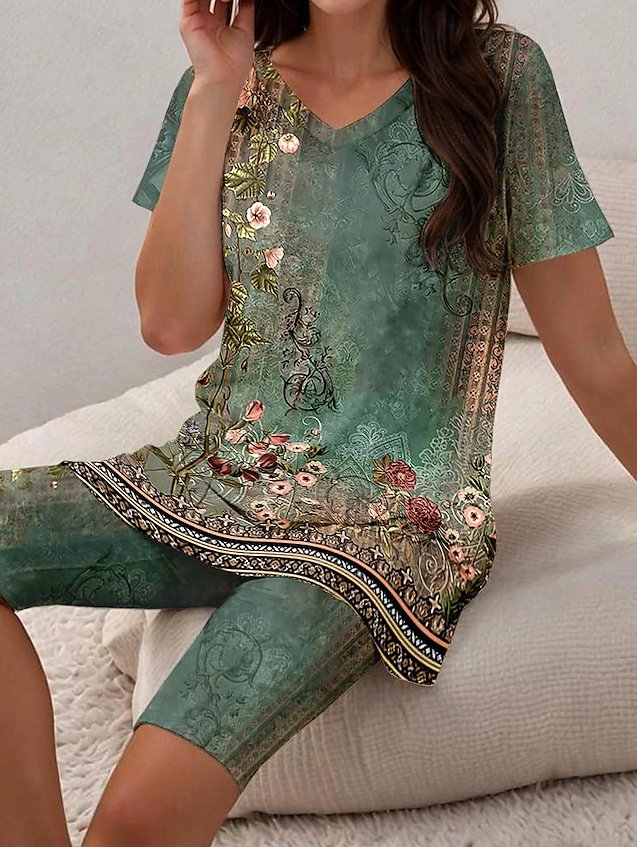 Damen Geblümt Zweiteiliges Set Täglich Kurzarm Lässig Sommer Bluse mit Hose Matching Set