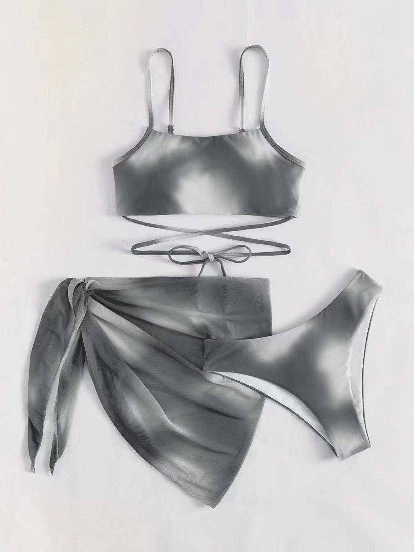 Batik Bikini Badeanzug Damen Farbverlauf Farbe Mesh Rock Split Bikini Badeanzug Dreiteilig Set