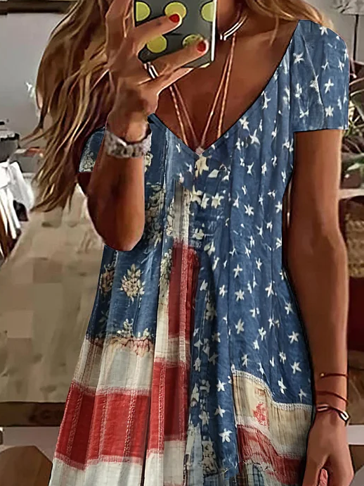 Damen Tag der Unabhängigkeit (Flagge) Kurzarm Sommer Print Kleid V-Ausschnitt Täglich Lässig Midi Klassisch A-Linien-Kleid