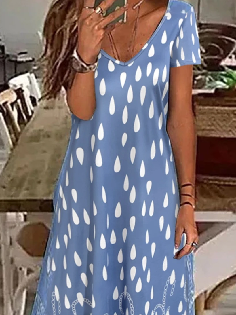 Damen Geblümt Kurzarm Sommer Print Kleid V-Ausschnitt Täglich Lässig Maxikleid X-Linie Kleid