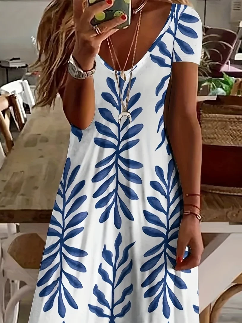 Damen Geblümt Kurzarm Sommer Print Kleid V-Ausschnitt Täglich Lässig Maxikleid X-Linie Kleid