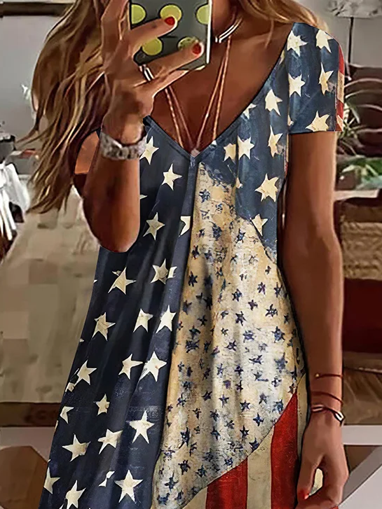 Damen Tag der Unabhängigkeit (Flagge) Kurzarm Sommer Print Kleid V-Ausschnitt Täglich Lässig Midi Klassisch A-Linien-Kleid