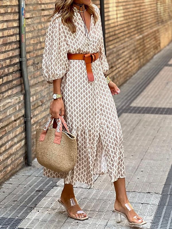 Damen Geometrisch Kurzarm Sommer Print Kleid V-Ausschnitt Puffärmel Täglich Lässig Maxikleid Blusenkleid A-Linien-Kleid