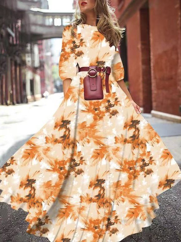 Damen Geblümt Halbarm Sommer Print Kleid Rundhals Puffärmel Täglich Lässig Maxikleid Fließendes Kleid A-Linien-Kleid