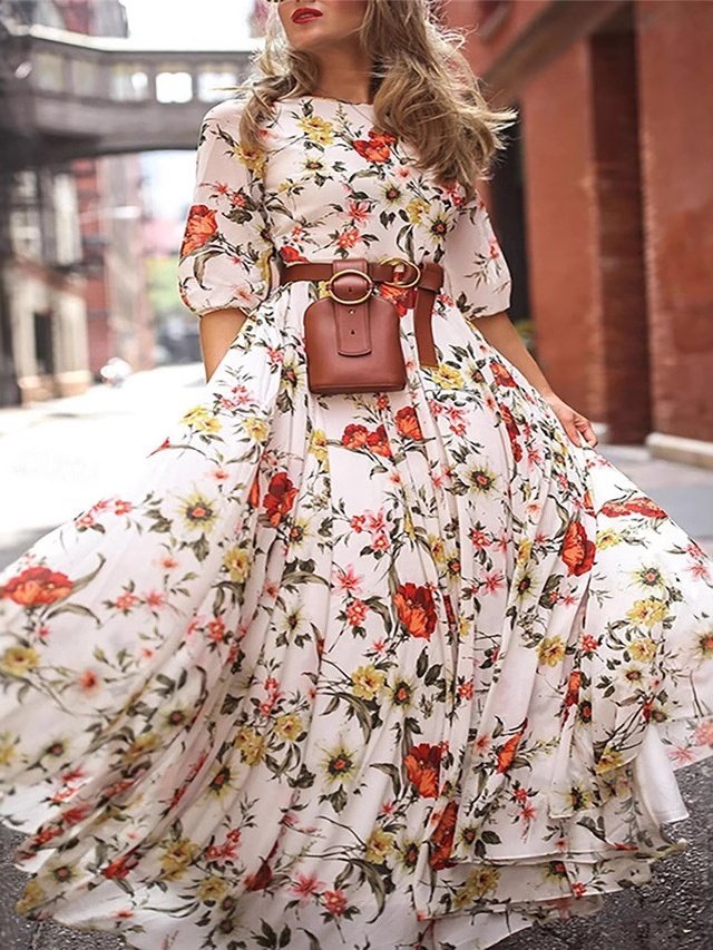 Damen Geblümt Halbarm Sommer Print Kleid Rundhals Puffärmel Täglich Lässig Maxikleid Fließendes Kleid A-Linien-Kleid