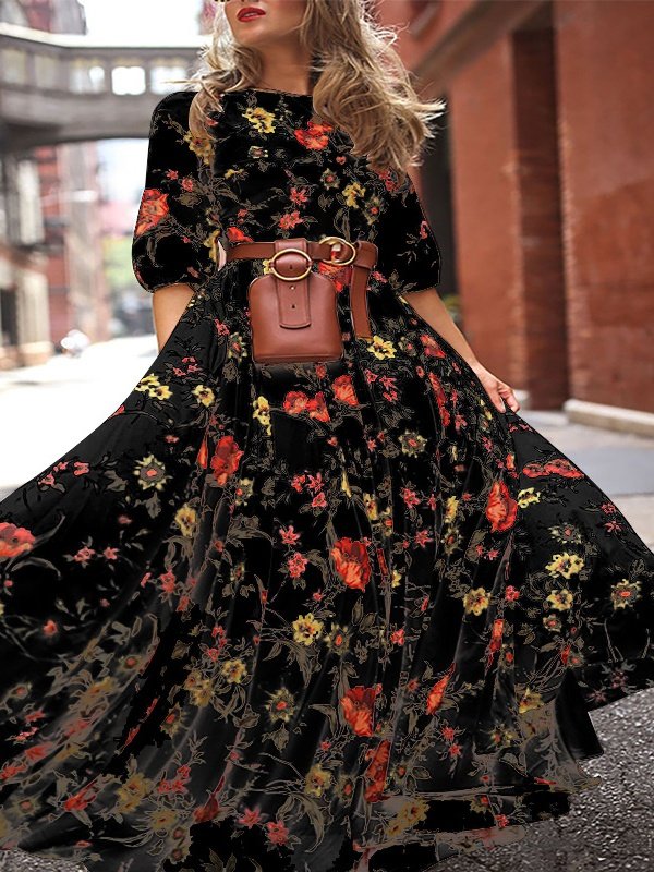 Damen Geblümt Halbarm Sommer Print Kleid Rundhals Puffärmel Täglich Lässig Maxikleid Fließendes Kleid A-Linien-Kleid