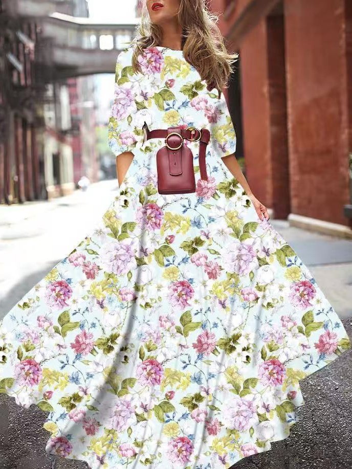 Damen Geblümt Halbarm Sommer Print Kleid Rundhals Puffärmel Täglich Lässig Maxikleid Fließendes Kleid A-Linien-Kleid