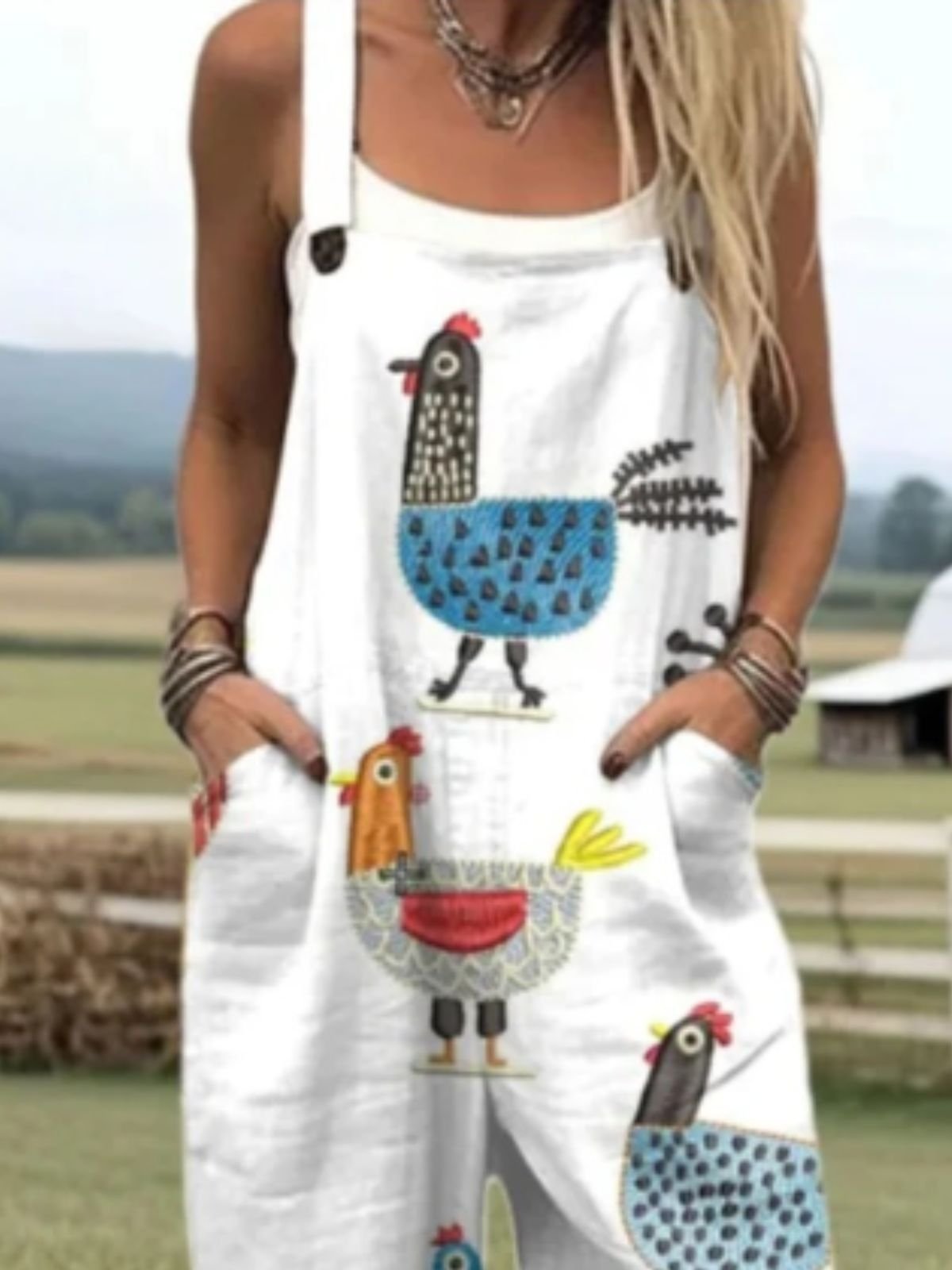Damen Tier Karree-Ausschnitt Gallus Lässig Sommer Baumwolle Leinen Jumpsuit