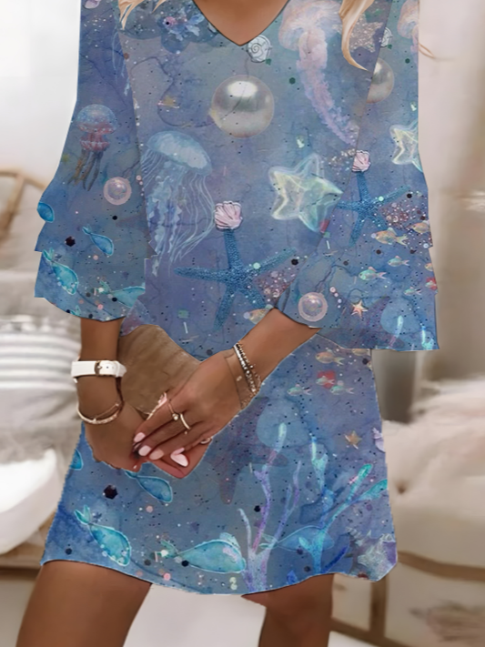 Damen Marine Leben Halbarm Sommer Print Kleid V-Ausschnitt Täglich Lässig Maxikleid H-Linie Kleid