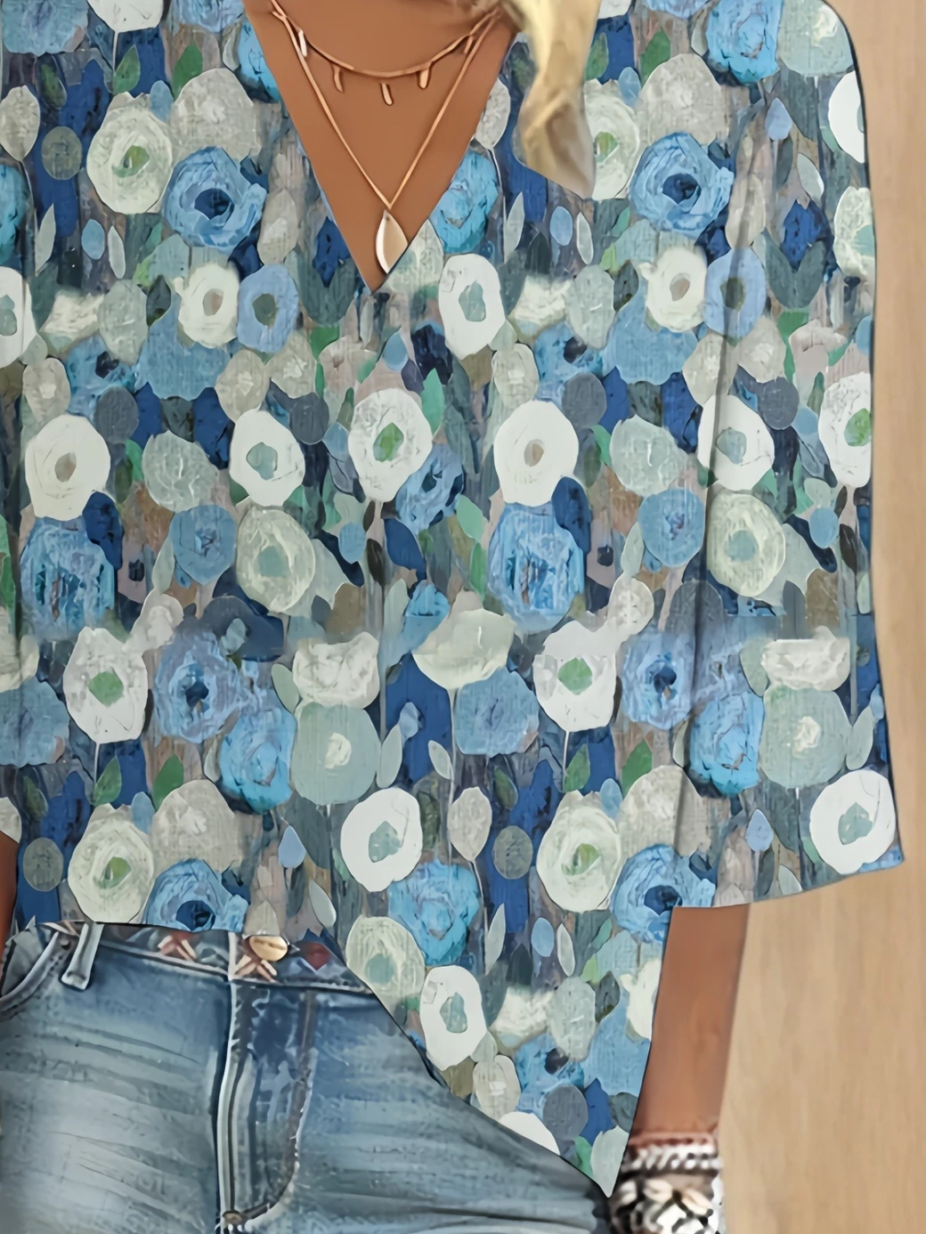 Damen Geblümt Dreiviertelärmel Bluse Frühling/Herbst Print V-Ausschnitt Täglich Lässig Oberteile