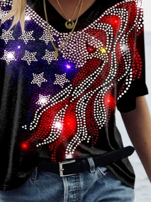 Damen Tag der Unabhängigkeit (Flagge) Kurzarm T-Shirts T-Shirt V-Ausschnitt Print Lässig Sommer T-Shirt mit Grafik Oberteile