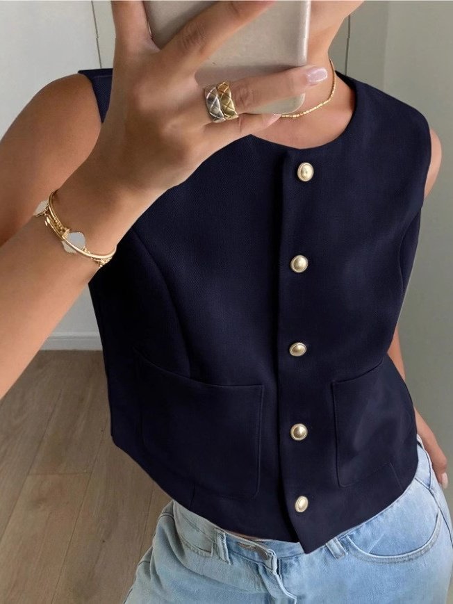 Damen Ärmellos Tanktop Oberteile Leibchen Sommer Unifarben Schnalle Rundhals Täglich Einfach Oberteile