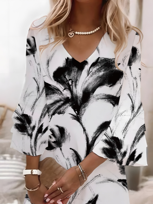 Damen Geblümt Halbarm Sommer Print Kleid V-Ausschnitt Täglich Lässig Maxikleid H-Linie Kleid