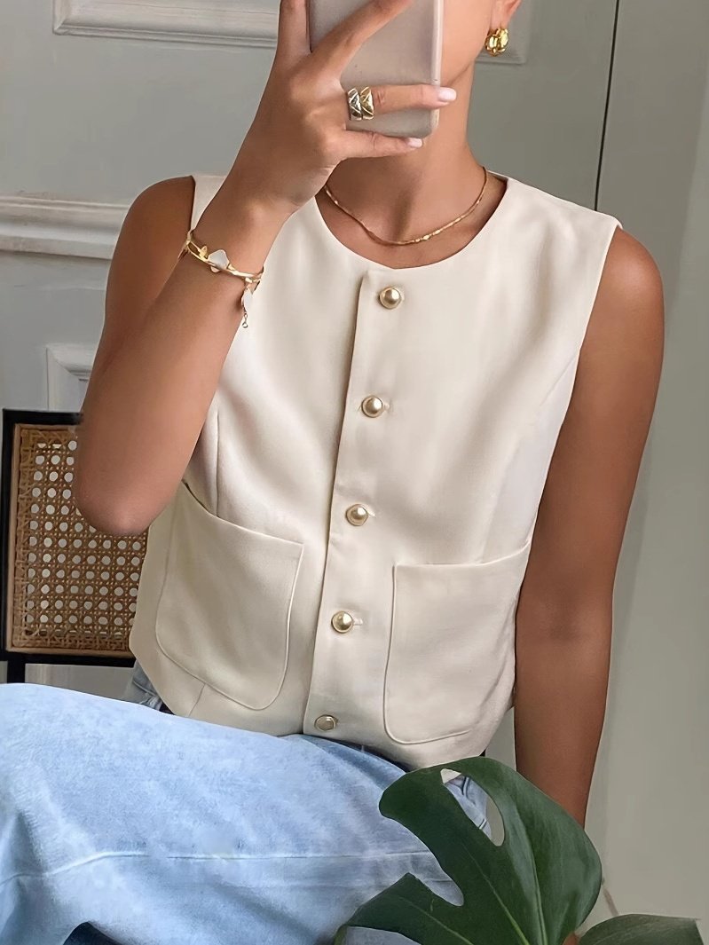 Damen Ärmellos Tanktop Oberteile Leibchen Sommer Unifarben Schnalle Rundhals Täglich Einfach Oberteile