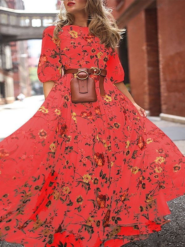 Damen Geblümt Halbarm Sommer Print Kleid Rundhals Puffärmel Täglich Lässig Maxikleid Fließendes Kleid A-Linien-Kleid