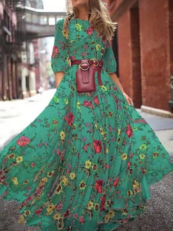 Damen Geblümt Halbarm Sommer Print Kleid Rundhals Puffärmel Täglich Lässig Maxikleid Fließendes Kleid A-Linien-Kleid