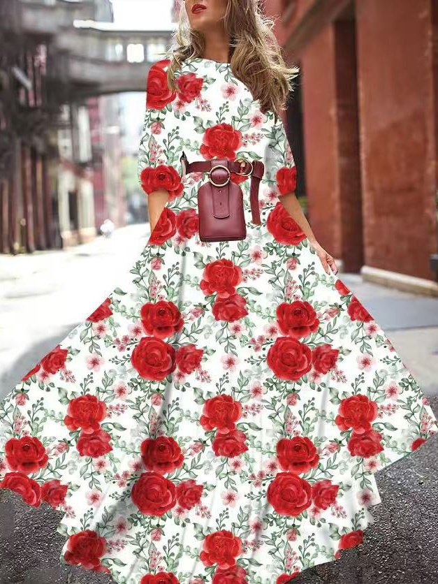 Damen Geblümt Halbarm Sommer Print Kleid Rundhals Puffärmel Täglich Lässig Maxikleid Fließendes Kleid A-Linien-Kleid