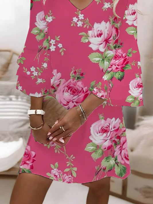 Damen Geblümt Halbarm Sommer Print Kleid V-Ausschnitt Täglich Lässig Maxikleid H-Linie Kleid