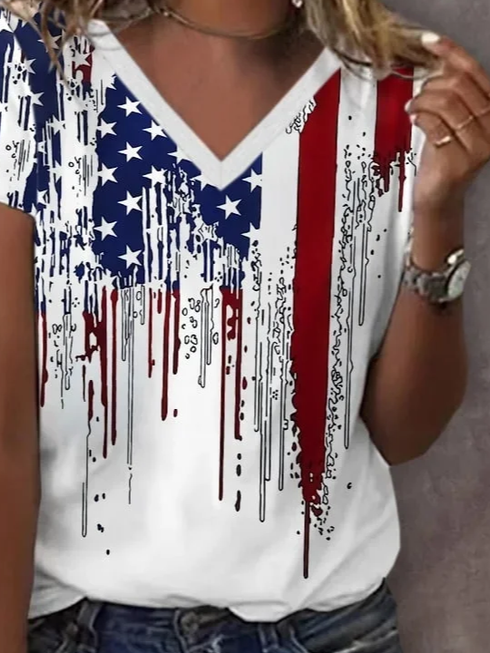 Damen Tag der Unabhängigkeit (Flagge) Kurzarm T-Shirts T-Shirt V-Ausschnitt Print Lässig Sommer T-Shirt mit Grafik Oberteile