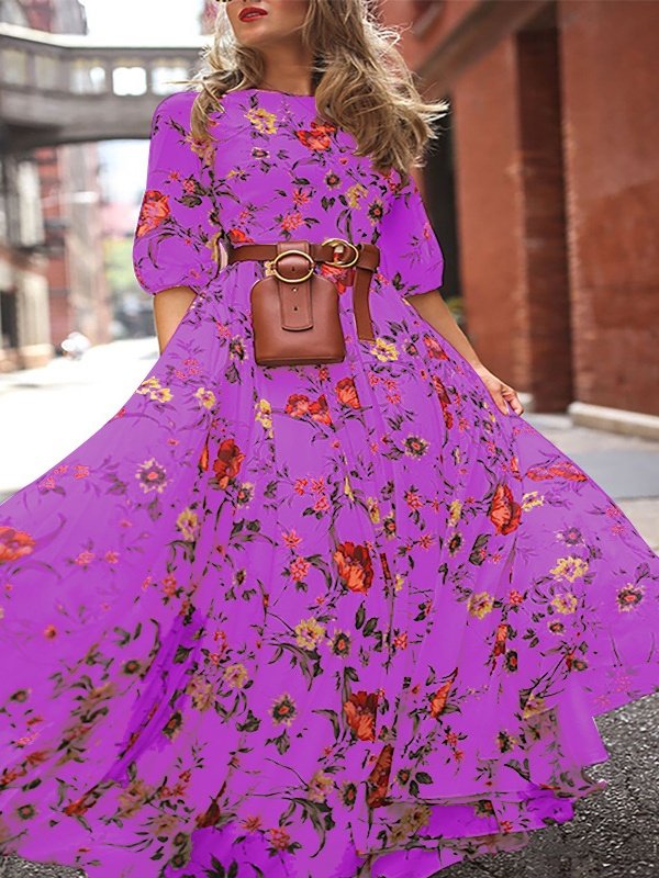 Damen Geblümt Halbarm Sommer Print Kleid Rundhals Puffärmel Täglich Lässig Maxikleid Fließendes Kleid A-Linien-Kleid