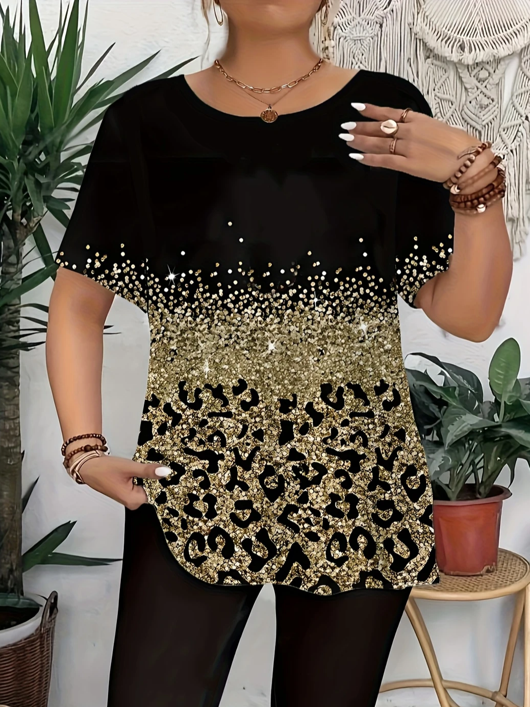 Damen Leopard Kurzarm T-Shirts T-Shirt Rundhals Print Lässig Sommer T-Shirt mit Grafik Oberteile